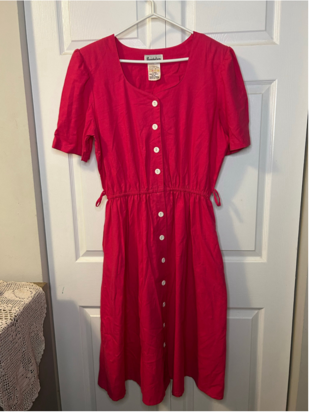 Vintage Women’s Size 16 Hot Pink Cotton Button Front Midi Dress